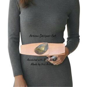 Womens Wide Belt Pink Leather Waist Cincher Statement Artisan Design NWOT SZ Med